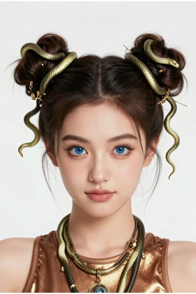 Woman with mythical space buns featuring wrapped braids and gold snake details