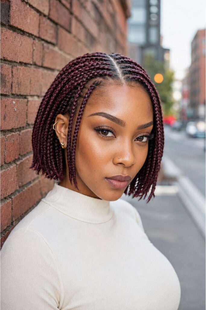 Woman with a stitch braids bob featuring crisp parting lines and a bold burgundy color