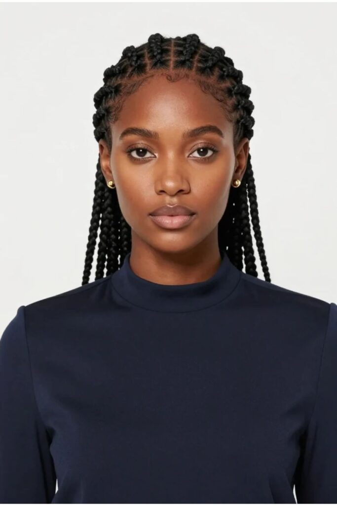 Woman with stitch Fulani braids featuring crisp evenly spaced sections and a clean scalp pattern