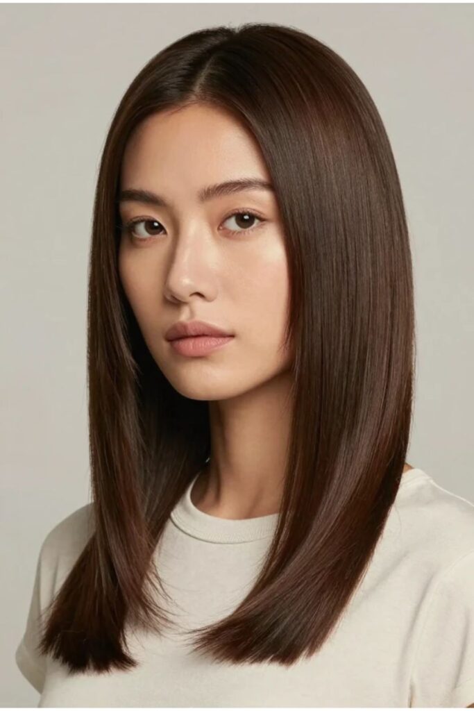 Woman with straight hair precision octopus haircut featuring clean defined layered lines