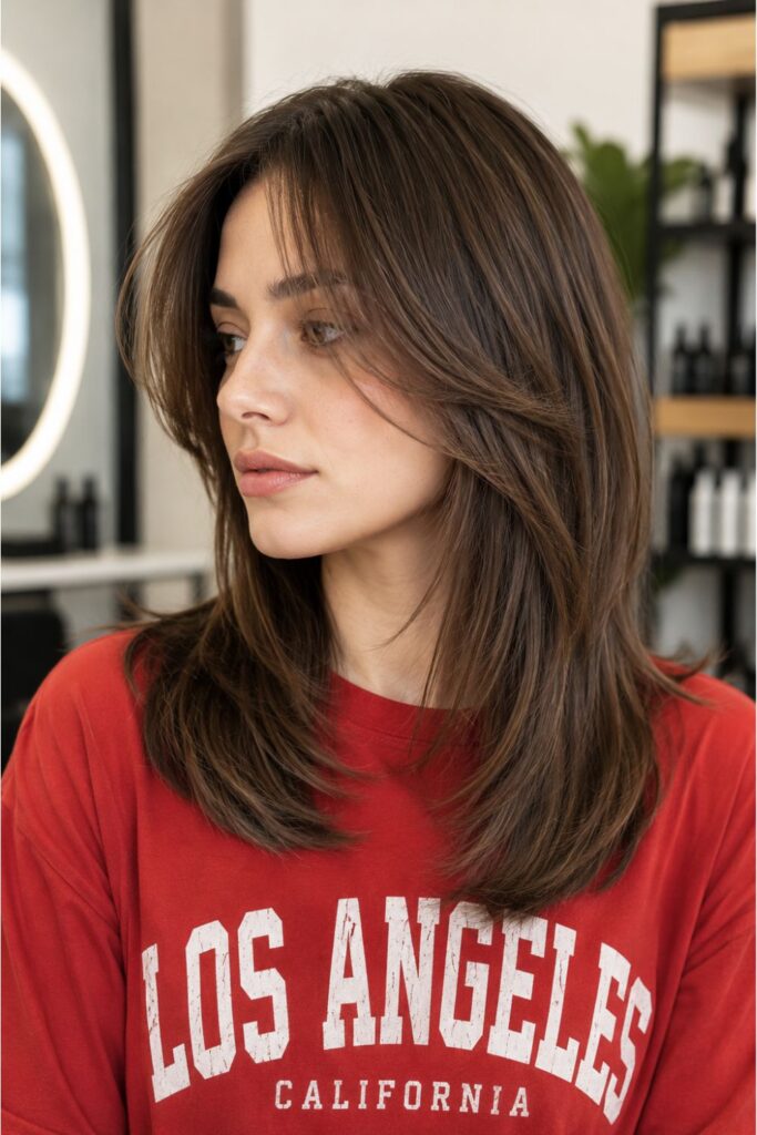 Woman with a straight kitty cut featuring smooth brown layered hair, soft face-framing pieces, and a sleek shoulder-length finish.