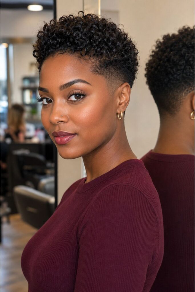 Black woman with a taper fade and natural curls featuring a precise fade gradient blending into fuller curls on top