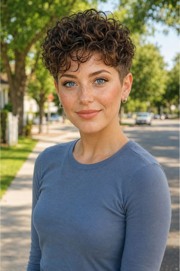 Woman with a tapered curly cut featuring fuller curls on top and closely trimmed tapered sides