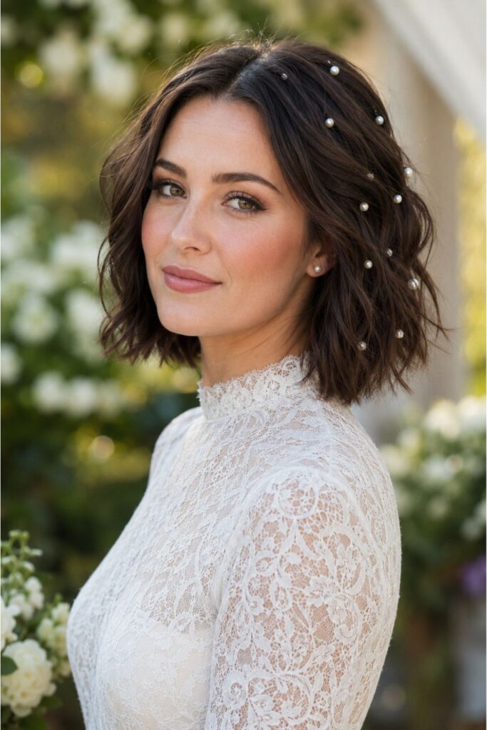 Bride with a textured bob featuring scattered pearl pins and soft natural movement