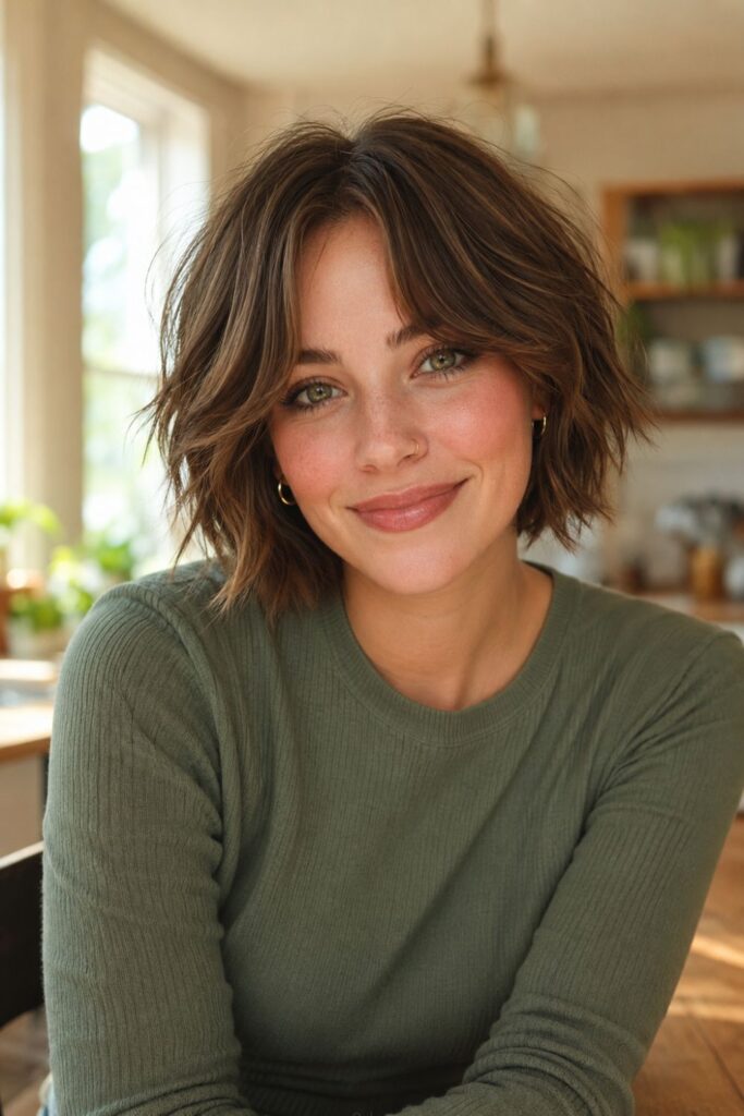Woman with a textured choppy bob featuring soft curtain bangs and heavy natural movement throughout