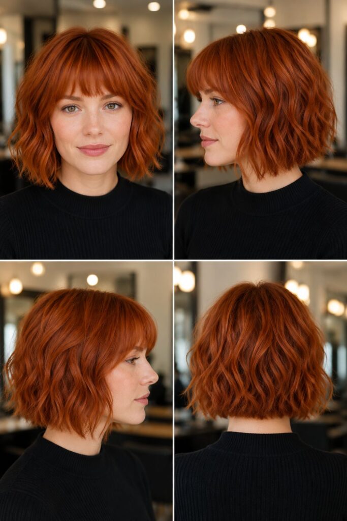 Textured copper bob hairstyle with soft bangs shown from front side and back views