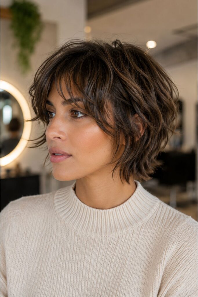Woman with a textured crop shag haircut featuring choppy layers, wispy bangs, and soft volume.