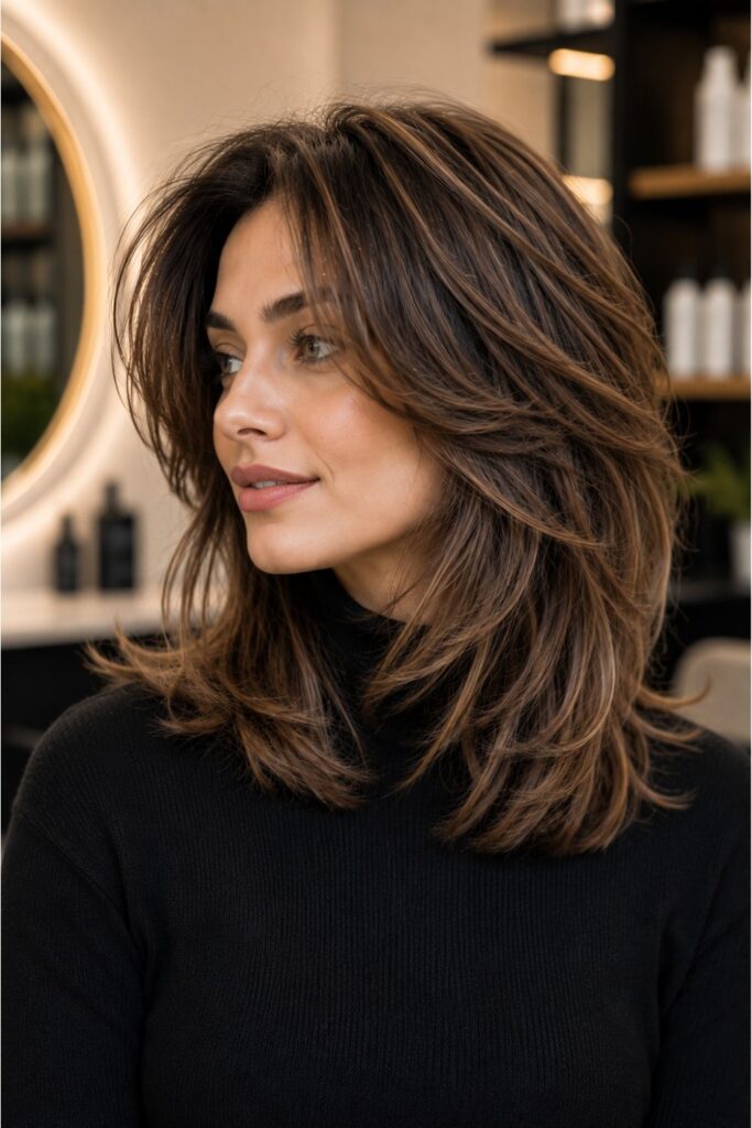 Woman with a textured kitty cut featuring shoulder-length mocha brown layered hair, soft face-framing pieces, and airy tousled movement.