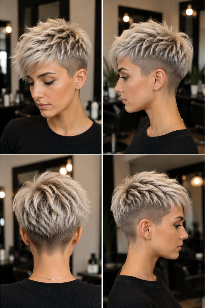 Four-view collage of a woman with a textured pixie undercut hairstyle featuring layered volume and closely shaved sides