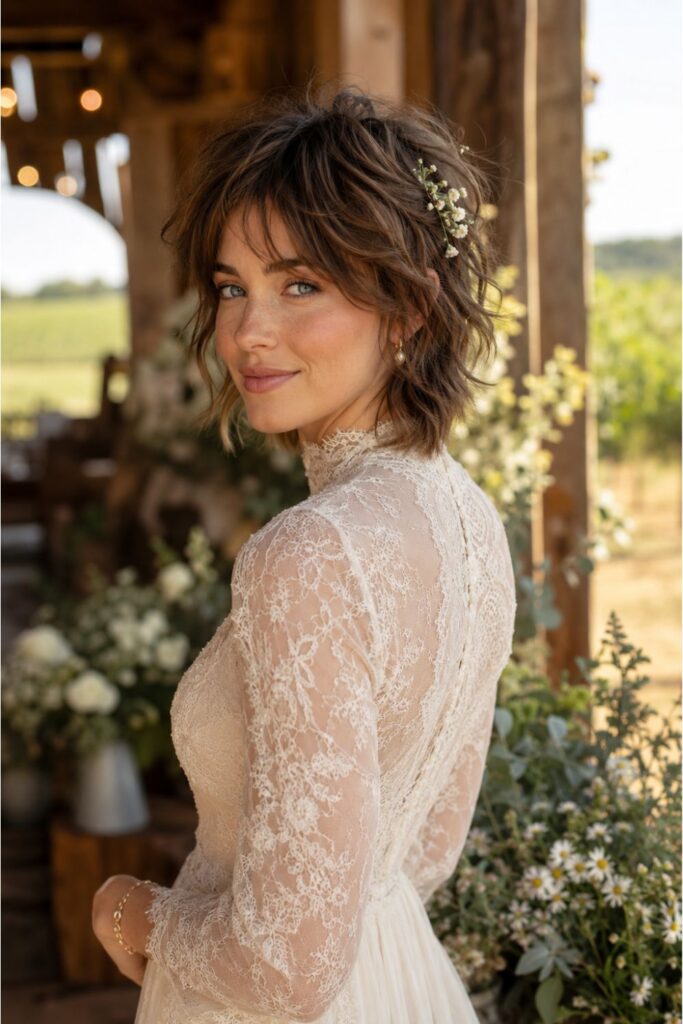 Bride with a textured shag bridal style featuring layered shaggy volume and tiny flower pins