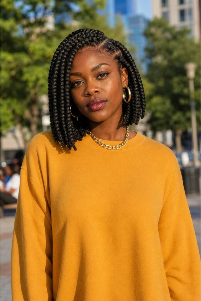 Black woman with thick short box braids featuring noticeably wide individual braids with a deep side part