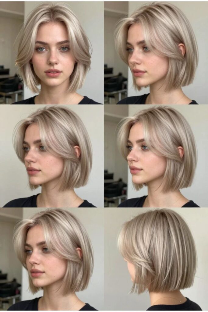 Tousled platinum choppy bob hairstyle shown from front side and back views with textured layers
