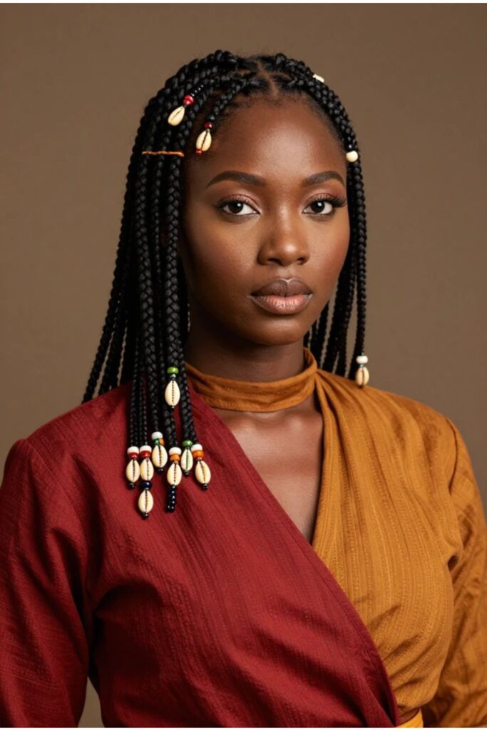 Woman with tribal Fulani braids featuring intricate cornrows, beads, and cowrie shell details