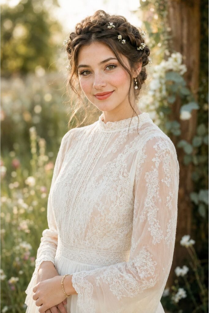 Bride with a twisted crown hairstyle featuring a soft halo of twists with tiny flowers and loose face-framing pieces