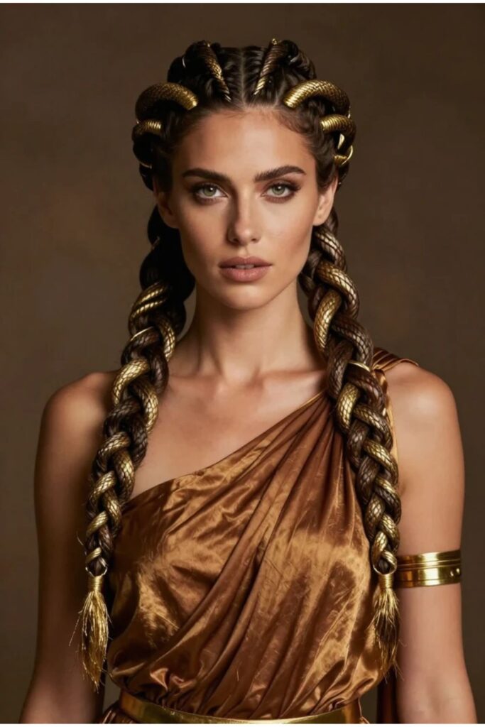 Woman with twisted rope braids featuring thick winding twists and gold thread accents