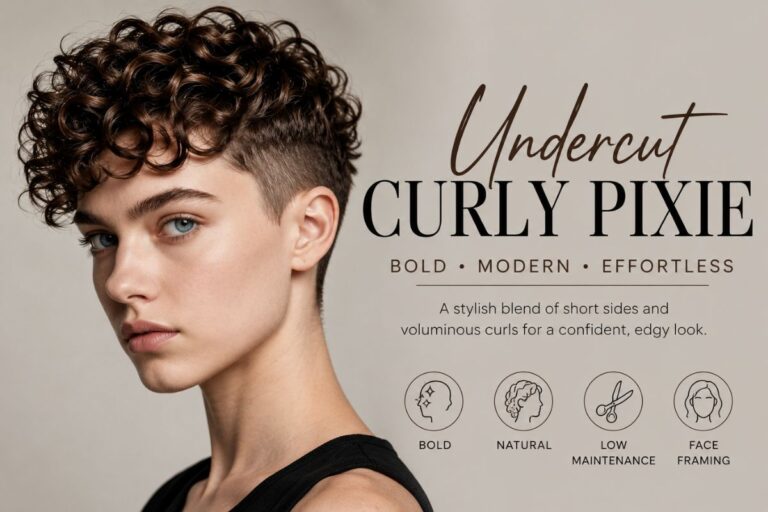 Featured image of an undercut curly pixie hairstyle with defined curls on top, shaved sides, and a bold modern look.