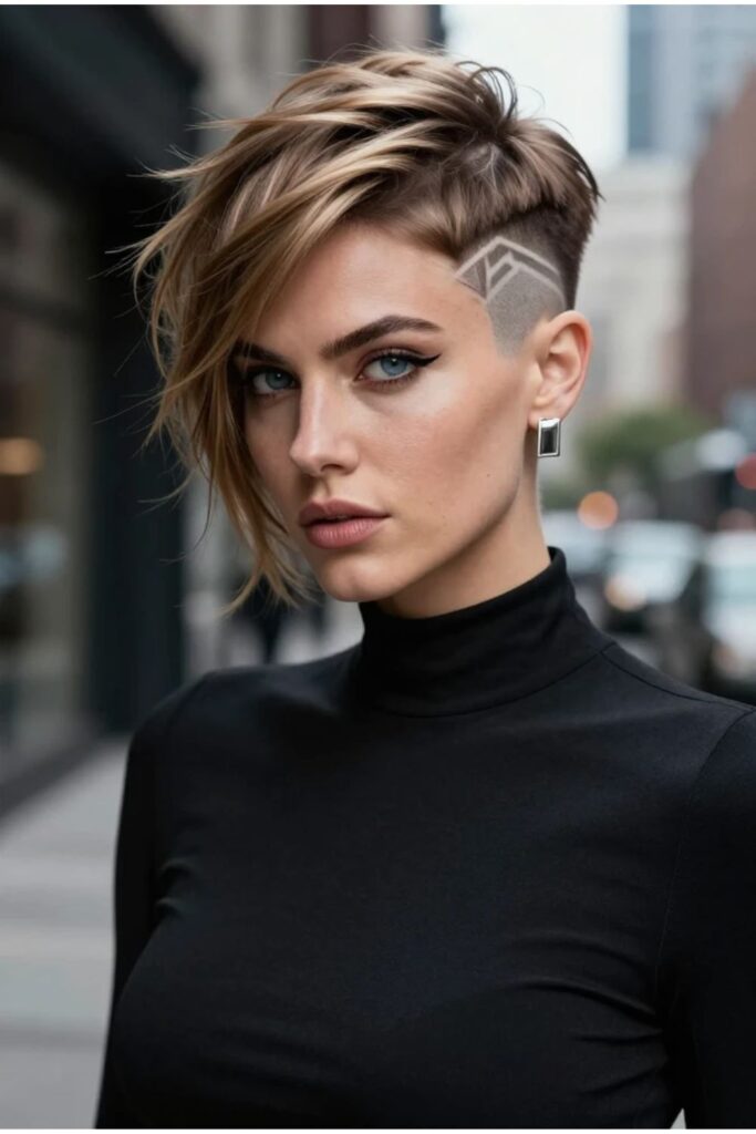 American woman with an undercut featuring precisely carved geometric designs on the shaved sides