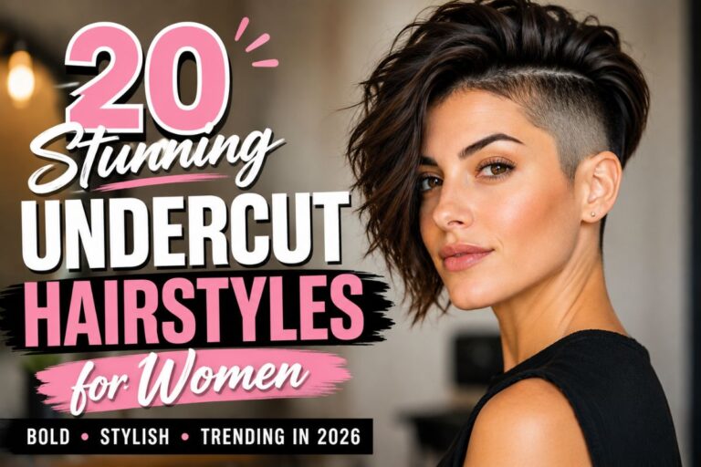 Woman with a stylish undercut hairstyle featuring shaved sides and textured volume on top