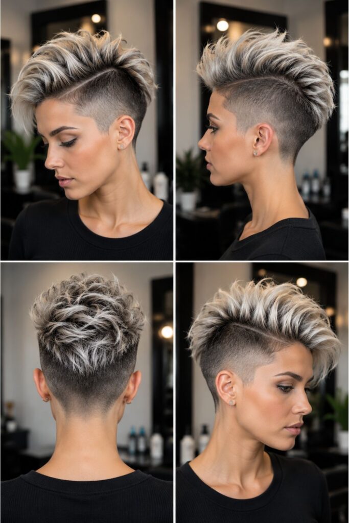 Four-view collage of a woman with an undercut mohawk pixie hairstyle featuring shaved sides and textured platinum blonde volume on top