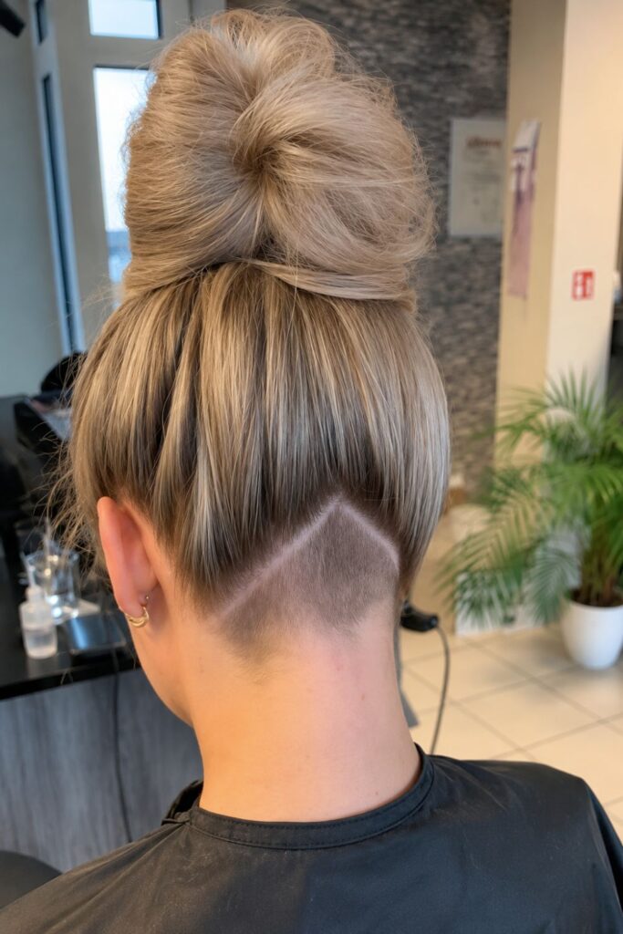 Blonde woman with a V-shaped nape undercut hairstyle and elegant updo showcasing a hidden shaved design