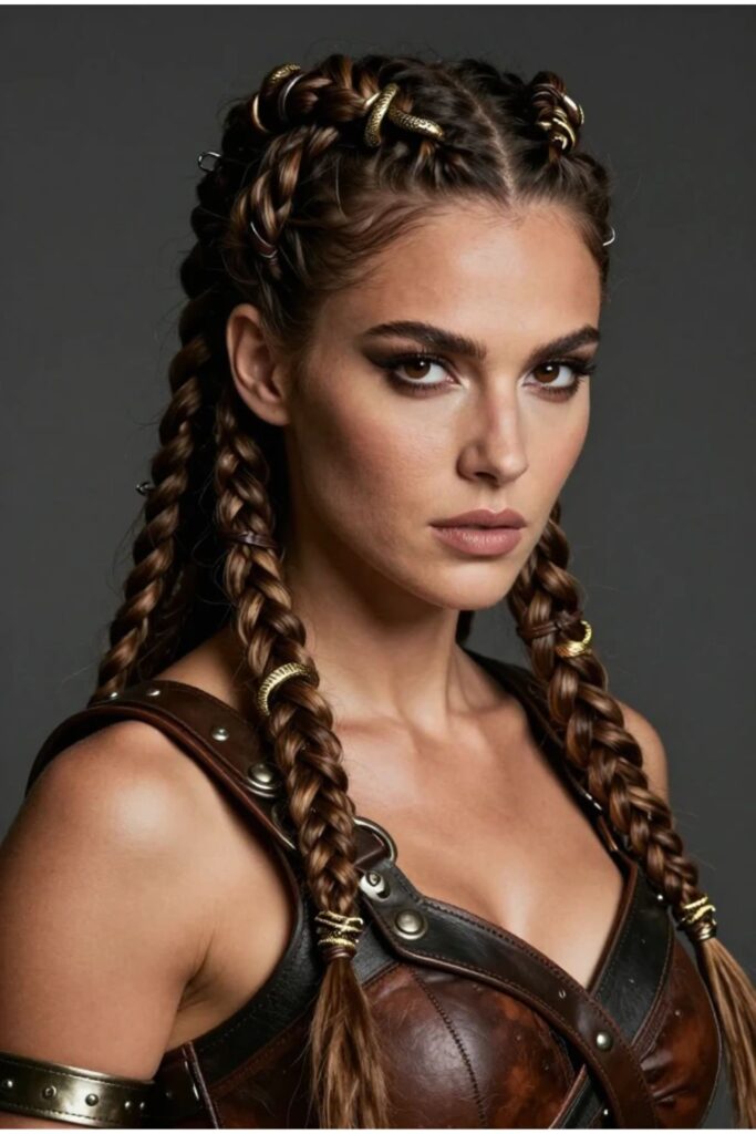 Woman with Viking style Medusa braids featuring leather cords, metal rings, and snake charms