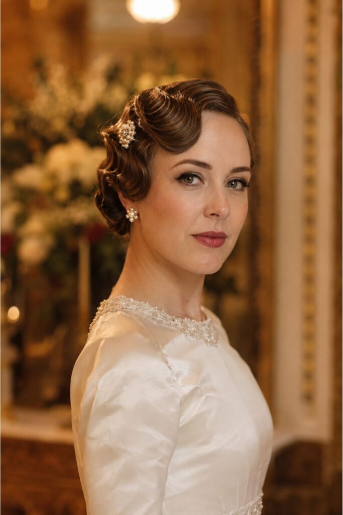 Bride with vintage finger waves featuring precisely sculpted S-shaped waves and a pearl brooch pin