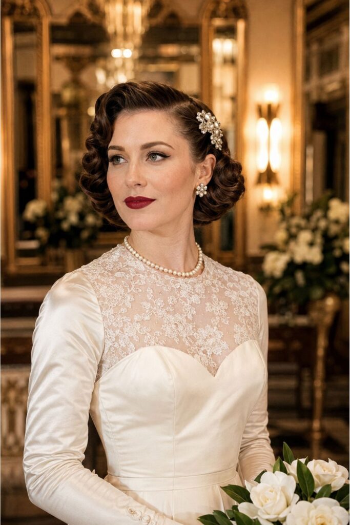 Bride with a vintage rolled bob featuring precisely rolled ends and a pearl brooch in an Art Deco setting