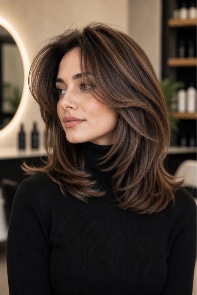 Woman with a bouncy blowout kitty cut featuring chestnut brown layered hair, lifted roots, and a smooth bouncy salon finish.