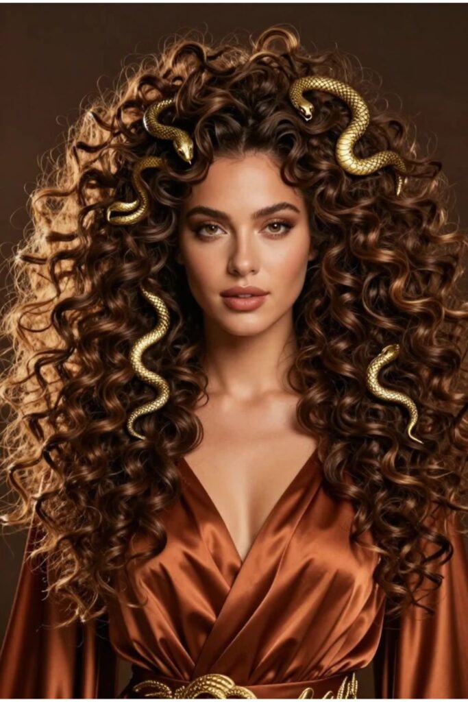 Woman with voluminous curly Medusa hair featuring big bouncy curls and gold snake clips