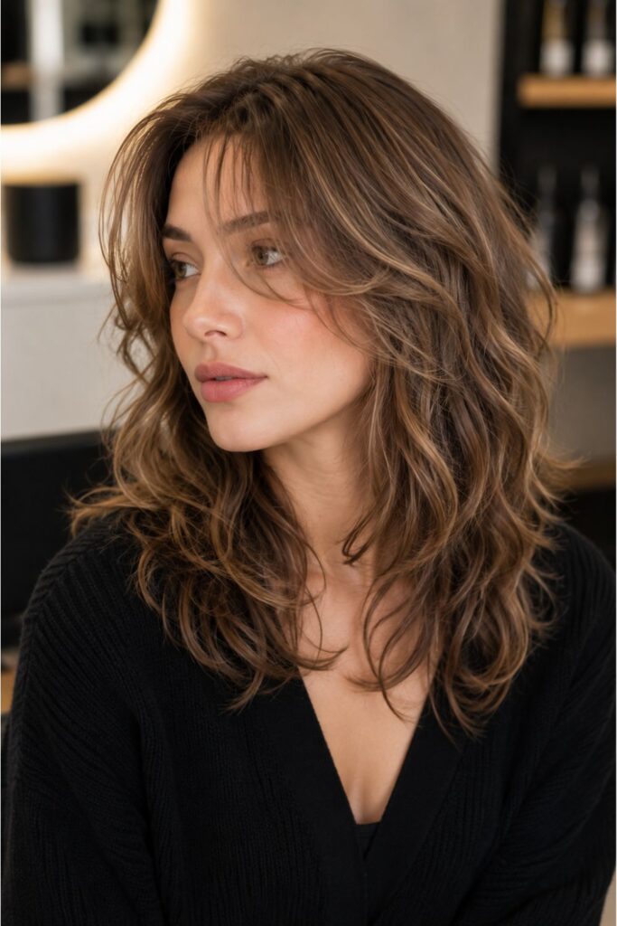 Woman with a wavy kitty cut featuring light brown layered hair, soft natural waves, and face-framing volume.