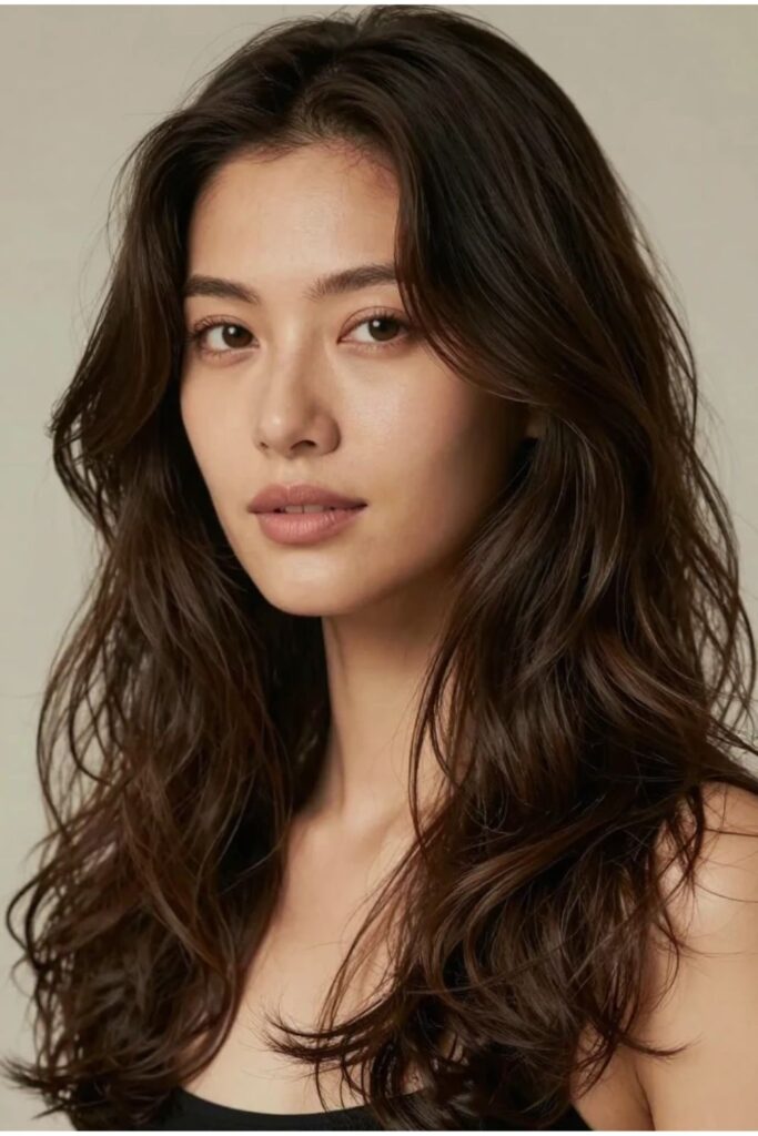 Woman with a wavy octopus haircut featuring natural loose waves and layered crown volume
