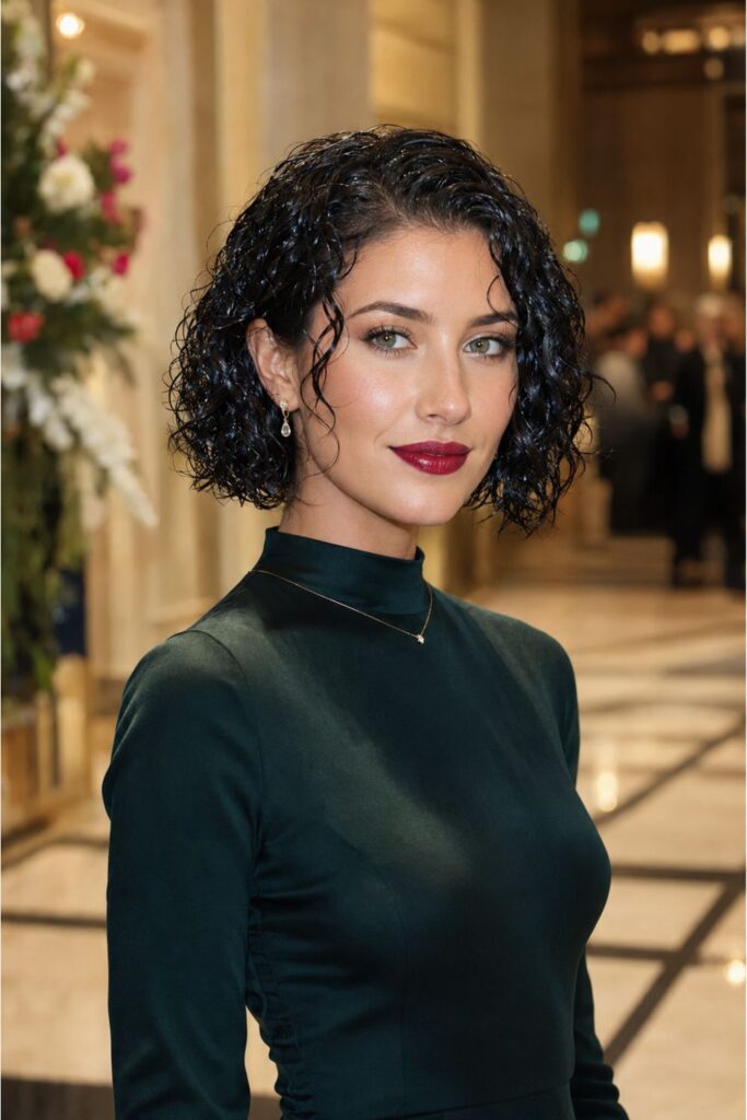 Woman with a wet look curly bob featuring glossy gel-set curls with a polished shiny finish