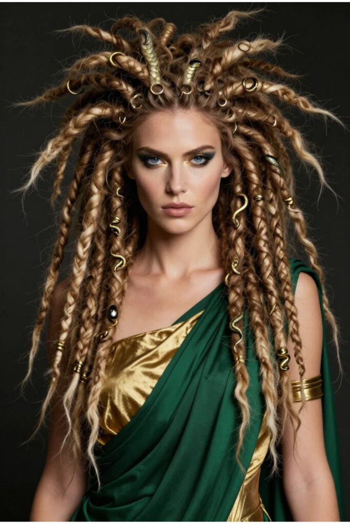 Woman with a wild dreadlock Medusa hairstyle featuring gold snake charms woven through natural locks