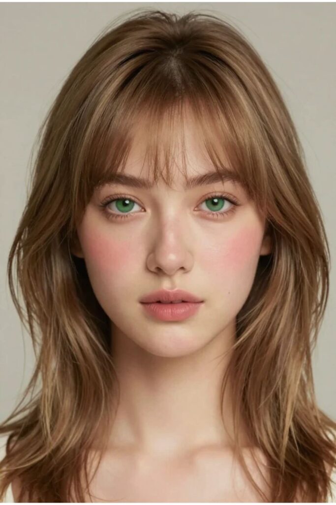 Woman with wispy bangs and soft layered octopus haircut featuring relaxed blended texture