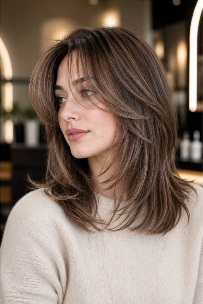 Woman with a wispy kitty cut featuring airy shoulder-length layers, mushroom brown hair, and soft face-framing movement.