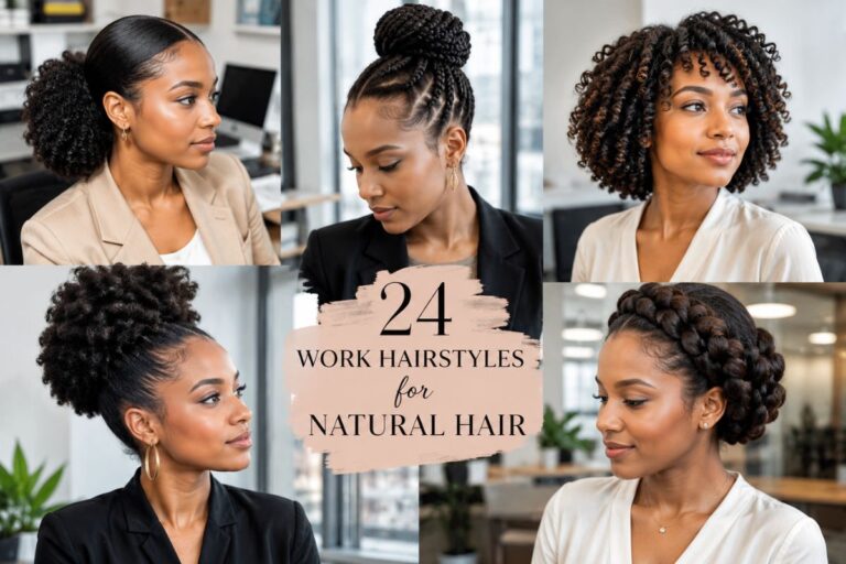 Professional work hairstyles for natural hair featuring braids, buns, puffs and twist styles