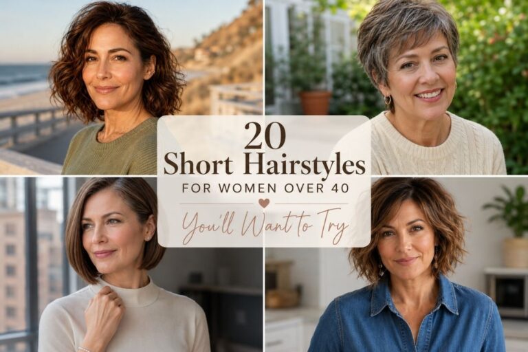 Collage of four women over 40 showcasing layered bob, pixie, wavy bob, and shaggy bob hairstyles
