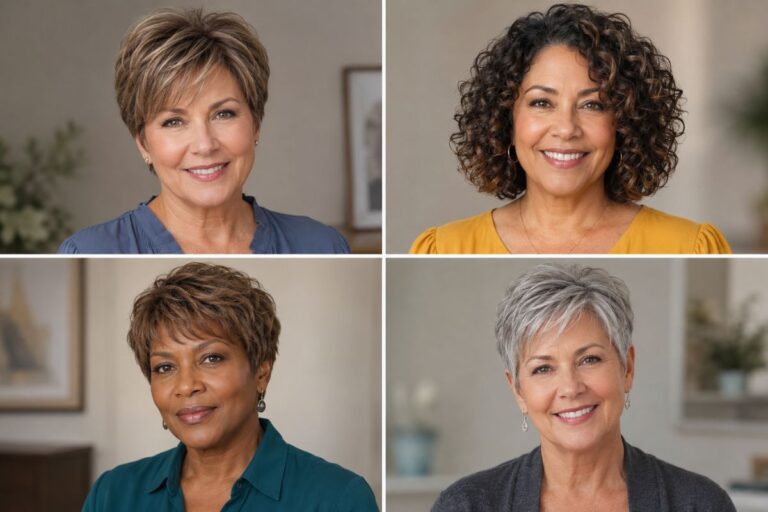 Collage of four women over 50 showcasing layered pixie, curly bob, bixie, and silver pixie hairstyles