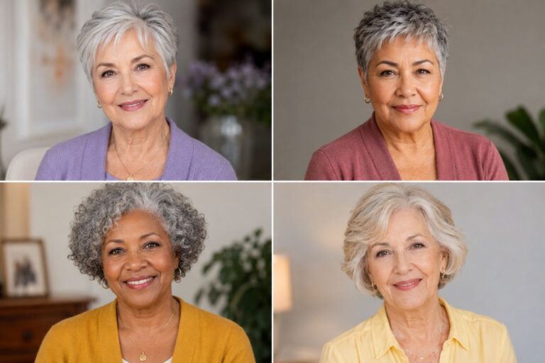 Collage of four women over 70 showcasing silver pixie, textured pixie, curly crop, and wavy bob hairstyles