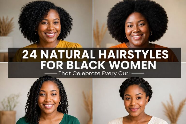 Collage of four Black women showcasing wash and go curls, afro, twists, and halo braid hairstyles