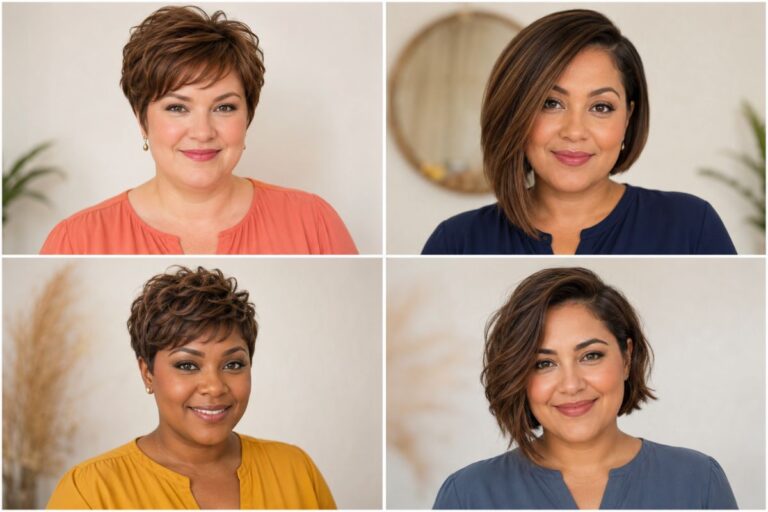 Collage of four women with round faces showcasing layered pixie, angled bob, textured pixie, and side-swept bob