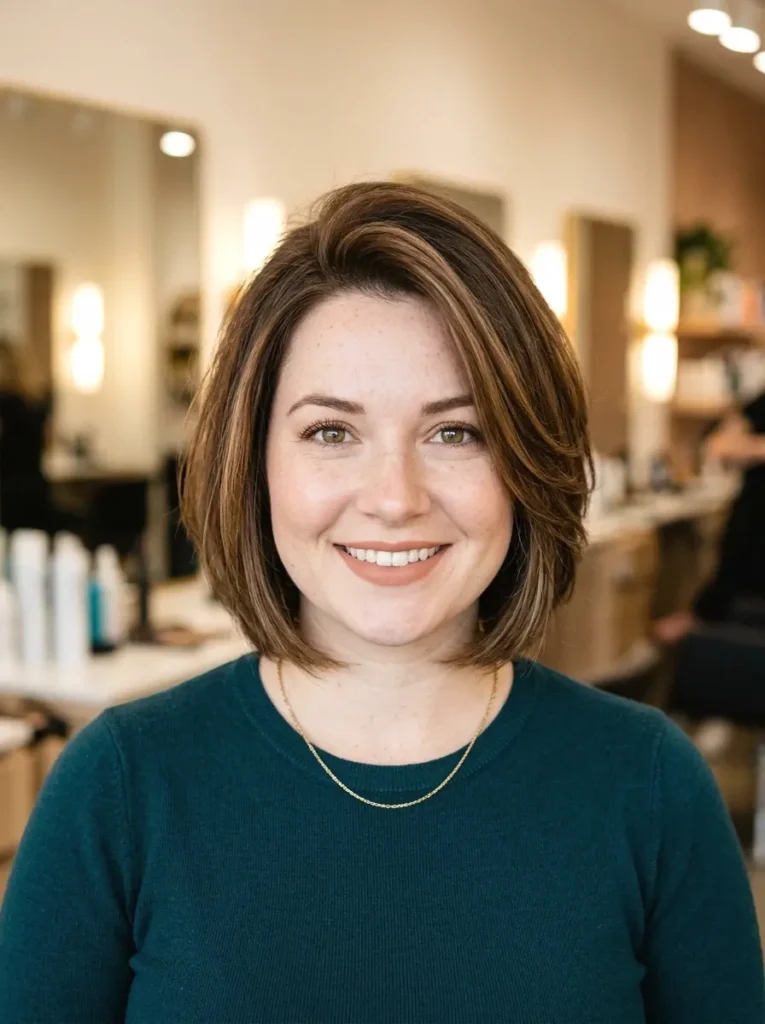 Woman with a round face wearing a soft layered bob featuring crown volume and warm brunette tones