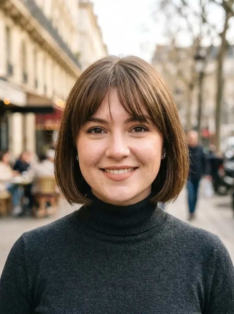 Woman with a round face wearing a French bob with longer fringe showing soft vertical framing