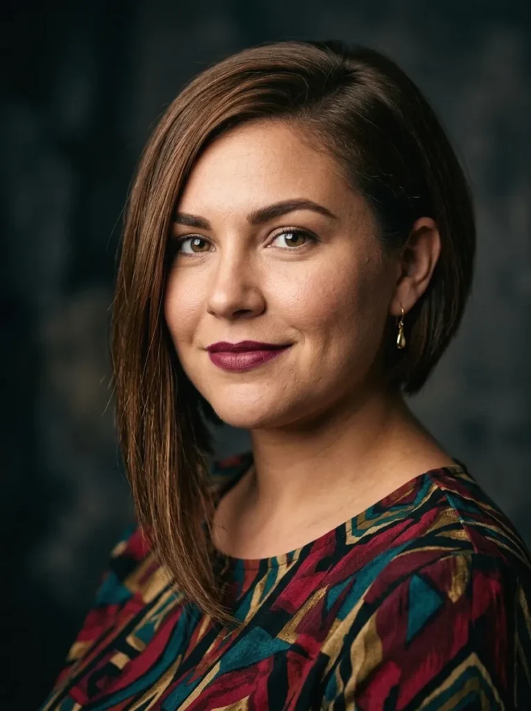 Woman with a round face wearing an asymmetrical bob showing one longer and one shorter side