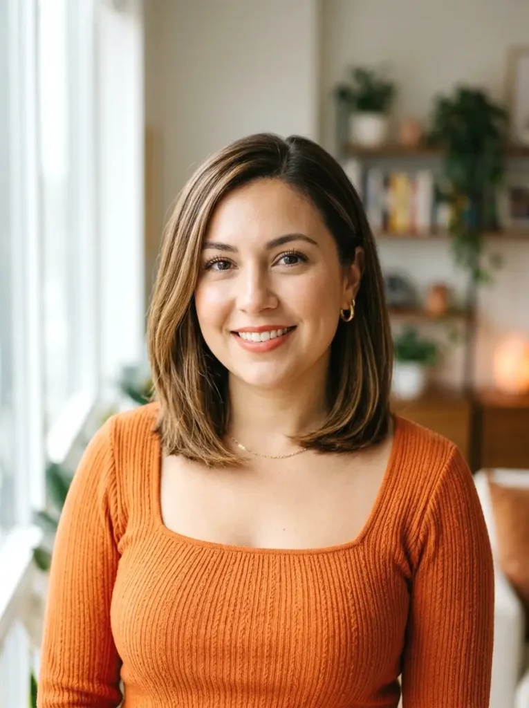 Woman with a round face wearing a collarbone bob showing length that elongates the face naturally