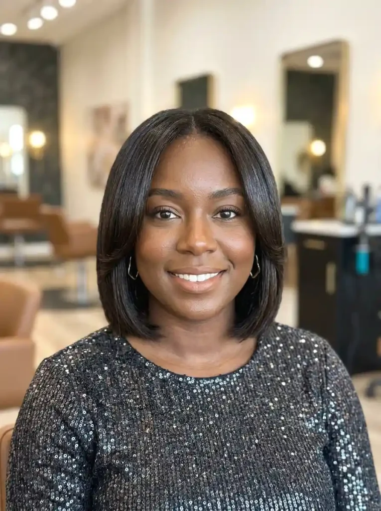 Woman with a round face wearing a blunt bob with light face-framing layers in dark brunette