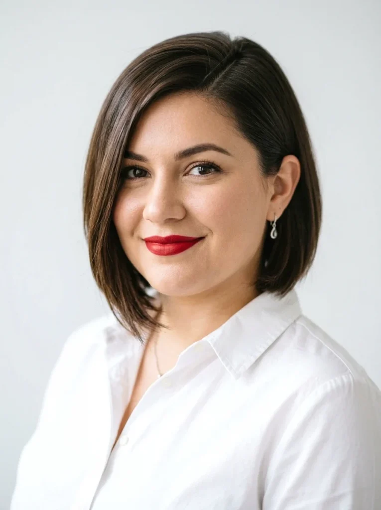 Woman with a round face wearing a chin-length bob and deep side part showing slimming diagonal lines