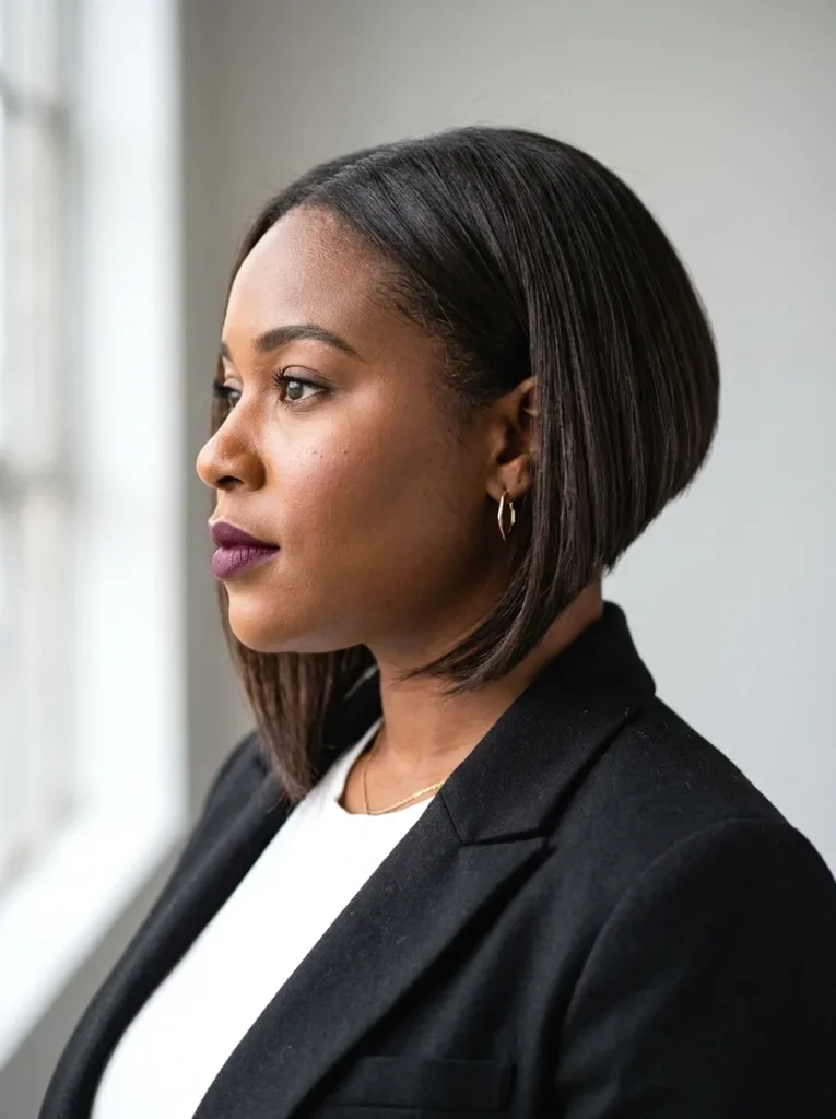 Woman with a round face wearing an A-line bob showing shorter back and longer front angle