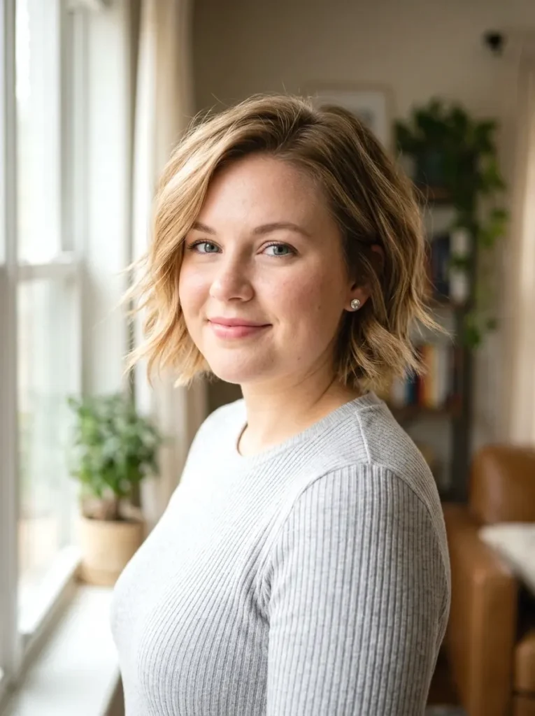 Woman with a round face wearing a textured bob with feathered ends and honey blonde tones