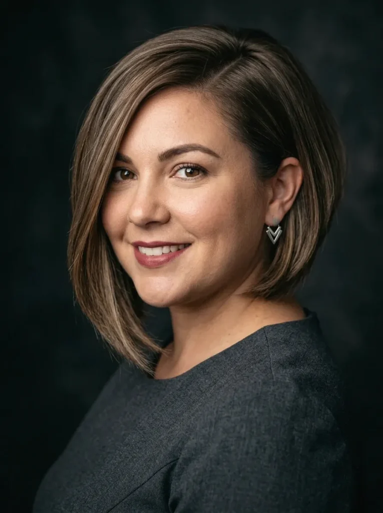 Woman with a round face wearing an angled bob with a deep side part showing diagonal slimming lines